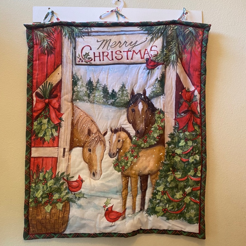 Quilted Christmas Wall Hanging Horse Barn Scene Red Cardinals Holiday Decor